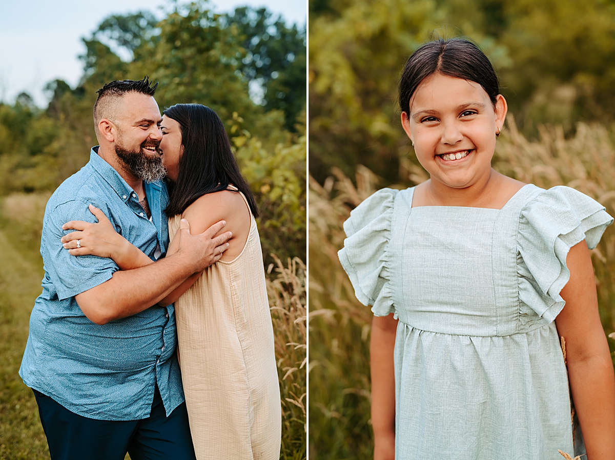 On the left, a bearded man and a woman in a dress share a joyful summer moment outdoors, with the woman kissing the man's cheek. On the right, a young girl in a light blue dress smiles at the camera, standing amidst tall grass and greenery.