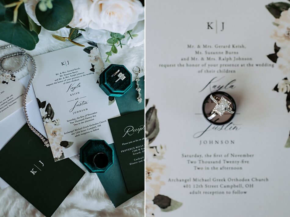 flat lay of wedding details including invitation, wedding bands, and florals.