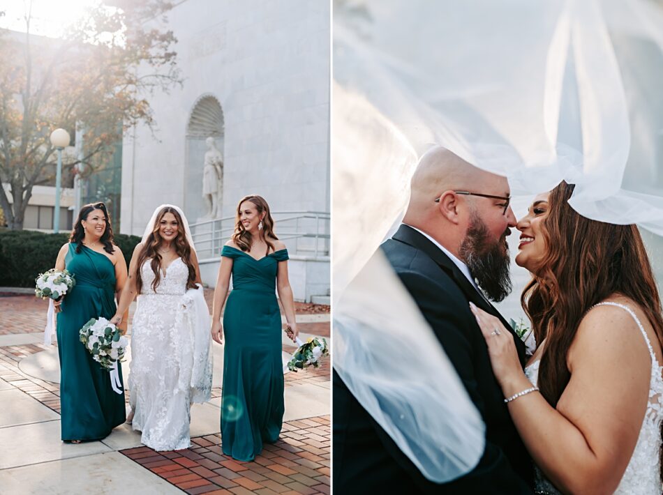 bride and bridesmaids in emerald green dresses walking and laughing
